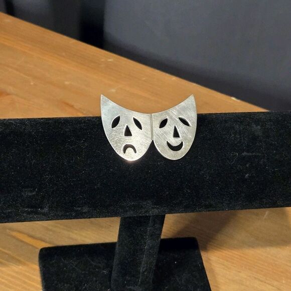 Comedy Tragedy Theater Masks Brooch Pin And Pendant, Mexico 925 Sterling Silver - Picture 2 of 9